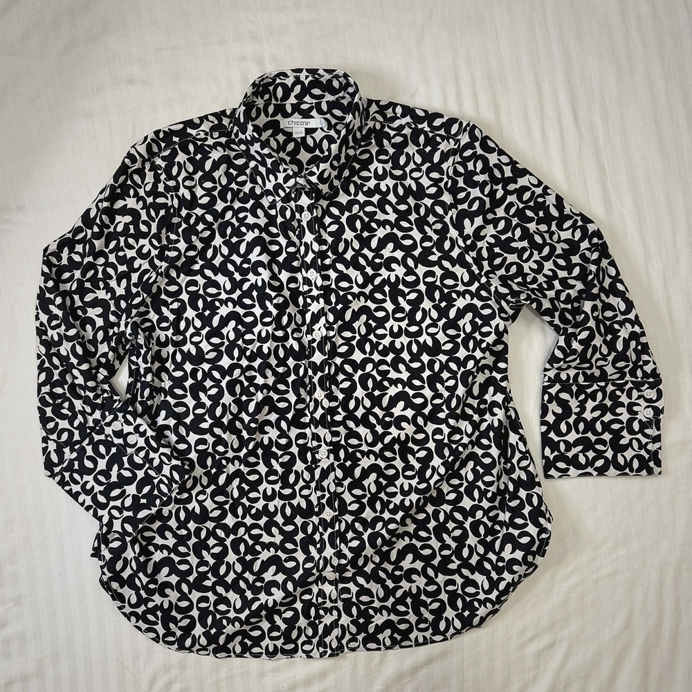 Chicos Black White Geometric Link Print Button Down Shirt Size 2 L 12